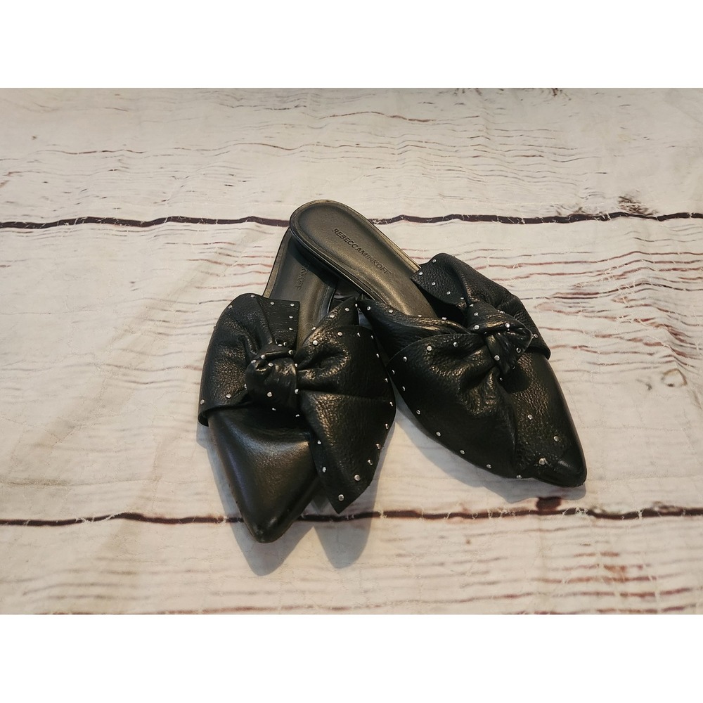 Rebecca Minkoff Alexis Black Studded Bow Pointed Toe Leather Mules Size 9